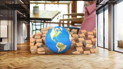 Globe and multiple delivery boxes against mid section of a person using laptop in a cafe Wall mural