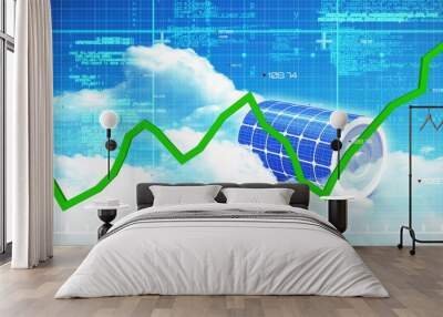 Green graph over grid network and data processing against solar cylinder in blue sky Wall mural