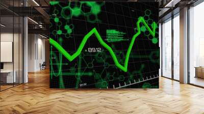 Green graphs moving and data processing against black background Wall mural