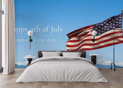 Happy independence day text and waving american flag against mountain landscape Wall mural