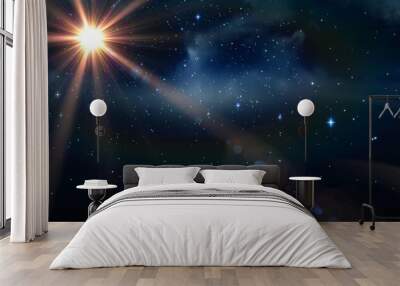 Illustration of bright sun shining amidst stars in skyscape, copy space Wall mural