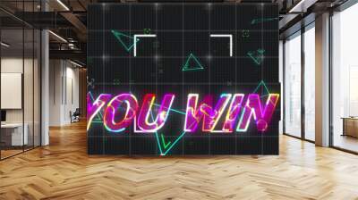 Illustration of illuminated you win text with view finder and geometric shapes on grid pattern Wall mural