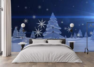 Image of christmas snowflakes falling at night over with snow covered trees and landscape Wall mural