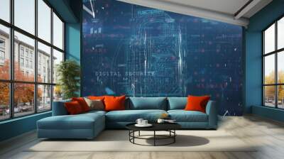 Image of data processing and padlock on blue background Wall mural