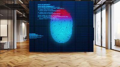 Image of digital biometric fingerprint computer interface icon and data processing on blue backg Wall mural