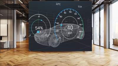 Image of digital dashboard data processing over car icon in seamless pattern Wall mural