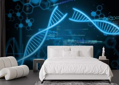 Image of digital data processing and dna strands on black background Wall mural