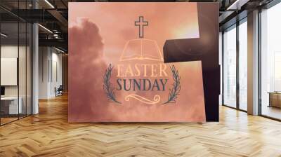 Image of easter sunday over cross and evening sky Wall mural