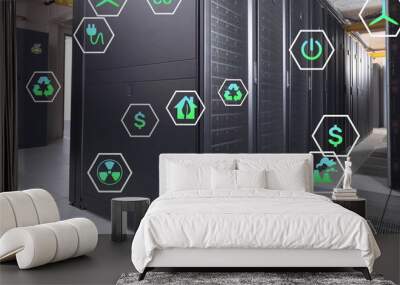 Image of ecology icons over server room Wall mural