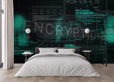 Image of encryption text and chain over data processing on dark interface screens Wall mural