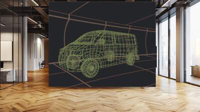 Image of falling icons 3d car model over grid on black background Wall mural