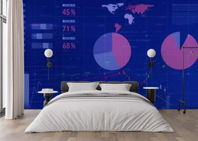 Image of financial and statistical data processing against blue background Wall mural