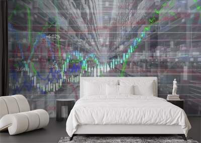 Image of financial data processing and statistics recording over warehouse in background Wall mural