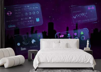 Image of financial data processing over cityscape on purple background Wall mural