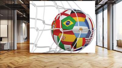 Image of football with national flags hitting net of goal Wall mural