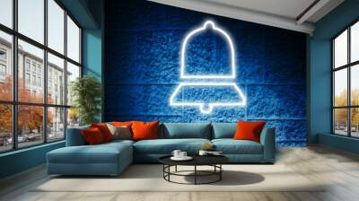 Image of glowing neon bell icon on brick wall Wall mural