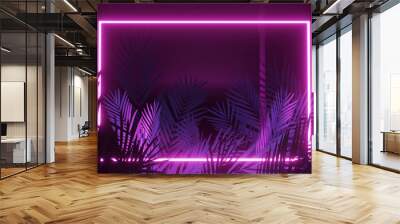 Image of leaves over pink neon rectangle on black background Wall mural