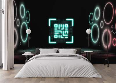 Image of neon qr code with circles over black background Wall mural