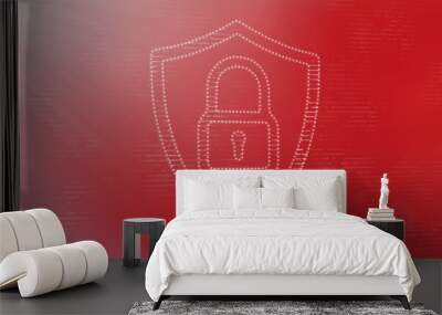 Image of padlock and shield with lines moving against red background Wall mural