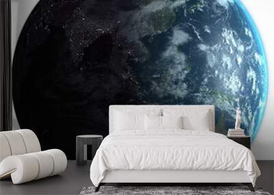 Image of planet earth with change from day to night and illuminated city lights Wall mural