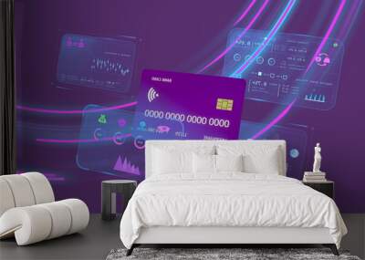 Image of screens with data and credit card over purple background Wall mural