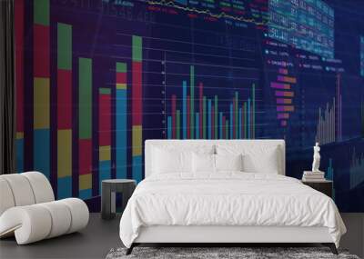 Image of statistics and financial data processing over grid Wall mural