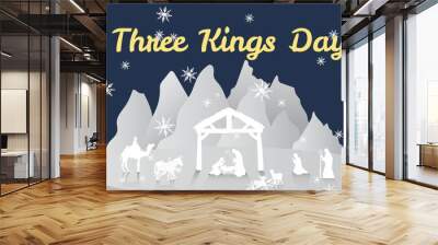 Image of three kings day over falling snow and nativity scene Wall mural