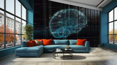 Image of viewfinders around illuminated digital human brain over server room Wall mural