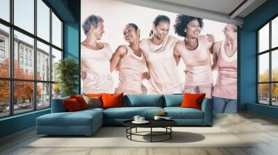 laughing women wearing pink for breast cancer Wall mural