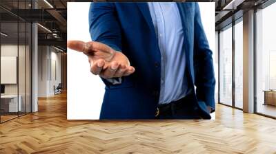 Mid section of african american businessman holding an invisible object against white background Wall mural