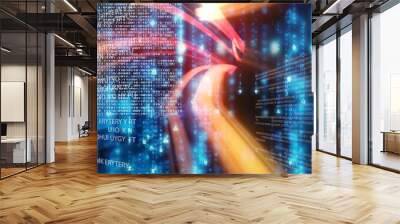 Neon orange light trails over computer code, program coding and technology concept Wall mural