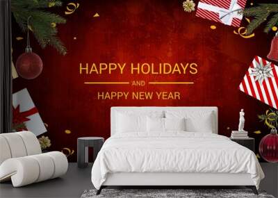 New year and holidays greeting text amidst christmas presents and decorations on table Wall mural