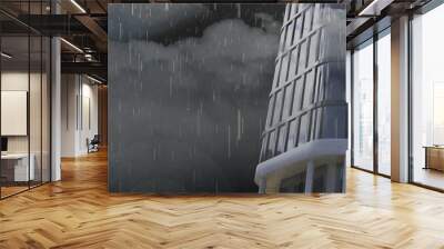 Rain falling and thunderstorm over tall building against dark clouds in the sky Wall mural