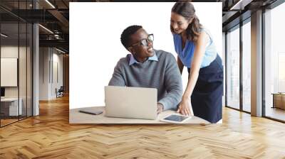 Smiling business people discussing over laptop Wall mural