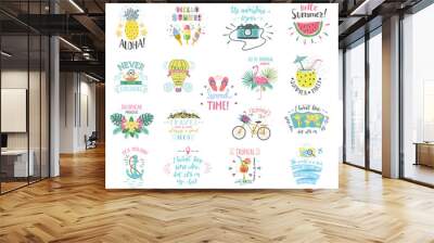 Set of Summer color hand-lettering labels and stickers. Tropical emblems with fruits. Travel postcards with quotes. Wall mural