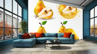 Vector set of ripe pears isolated on white background. Realistic transparent splash of fresh juice with fruits inside. 3D food illustration Wall mural