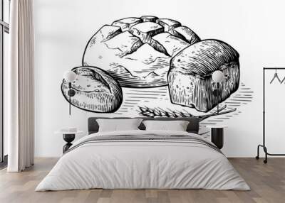 Bread vector hand drawn set illustration. Other types of wheat, flour fresh bread. Gluten food bakery engraved collection Wall mural