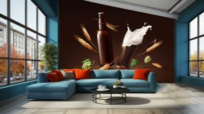 chin chin dark beer in glass cup and bottle with wheat and hops, refreshing drink with white foam in 3d illustration, splashing beer Wall mural