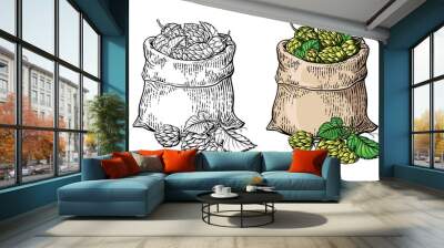 hand drawn vintage graphic with two bags and hops. vector illustration Wall mural