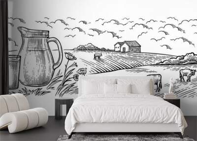 healthy Breakfast drawing sketch glass milk bottle iron can cup field cow vilage vector Wall mural