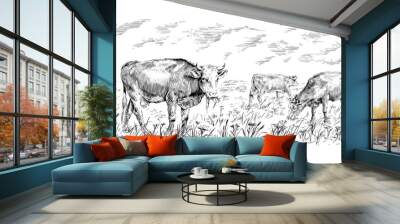 herd of cows is standing nibbling grass sketch engraving illustration style Wall mural