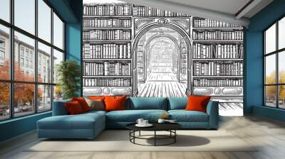 Library book shelf interior graphic sketch black white illustration vector Wall mural