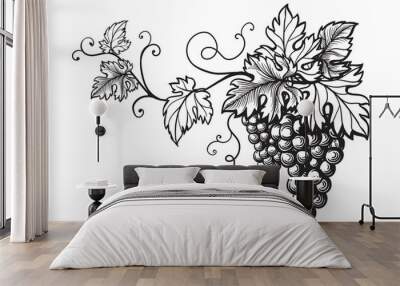 Set of grapes monochrome sketch. Hand drawn grape bunches. Wall mural