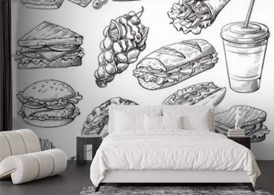 Set with fast food products on white background Wall mural