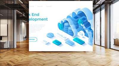 Back end Development, Coding, Software Engineering, Programming languages. Server racks and database in the clouds. Landing page template for web on white background. Wall mural