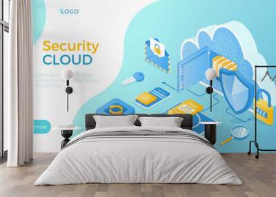 Cloud security and Personal data protection. Cyber security and network protection. Cloud storage, password, lock, personal identification. Isometric vector illustration for website. Wall mural