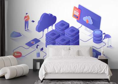 Data Center Cloud Services Information processing, hosting, provider, storage, networking, management and distribution of data. Isometry illustration with people scene for web graphic. Wall mural