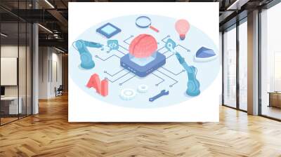 Digital brain, machine learning. Artificial intelligence technology and engineering. Programming and development. Vector illustration in 3d design. Isometric web banner. Wall mural