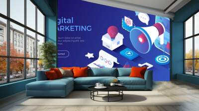 Digital Marketing, social network and media communication. Analysis, targeting, management. Isometric landing page. Vector web banner. Wall mural