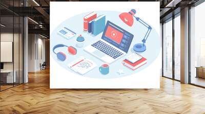 Distance education E-learning.  Online courses, lessons, webinars, video tutorials. Vector illustration in 3d design. Isometric web banner. Wall mural